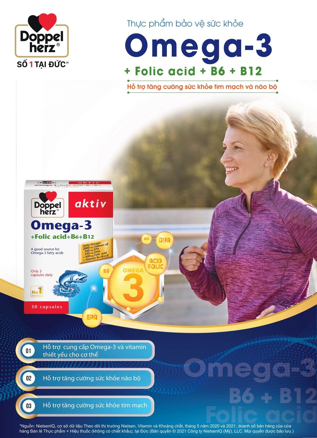  Viên uống dầu cá tăng cường thị lực, tim mạch, não bộ Doppelherz Omega 3 + Folic acid + B6 + B12 (Hộp 30v) [DOPPELHERZ] 