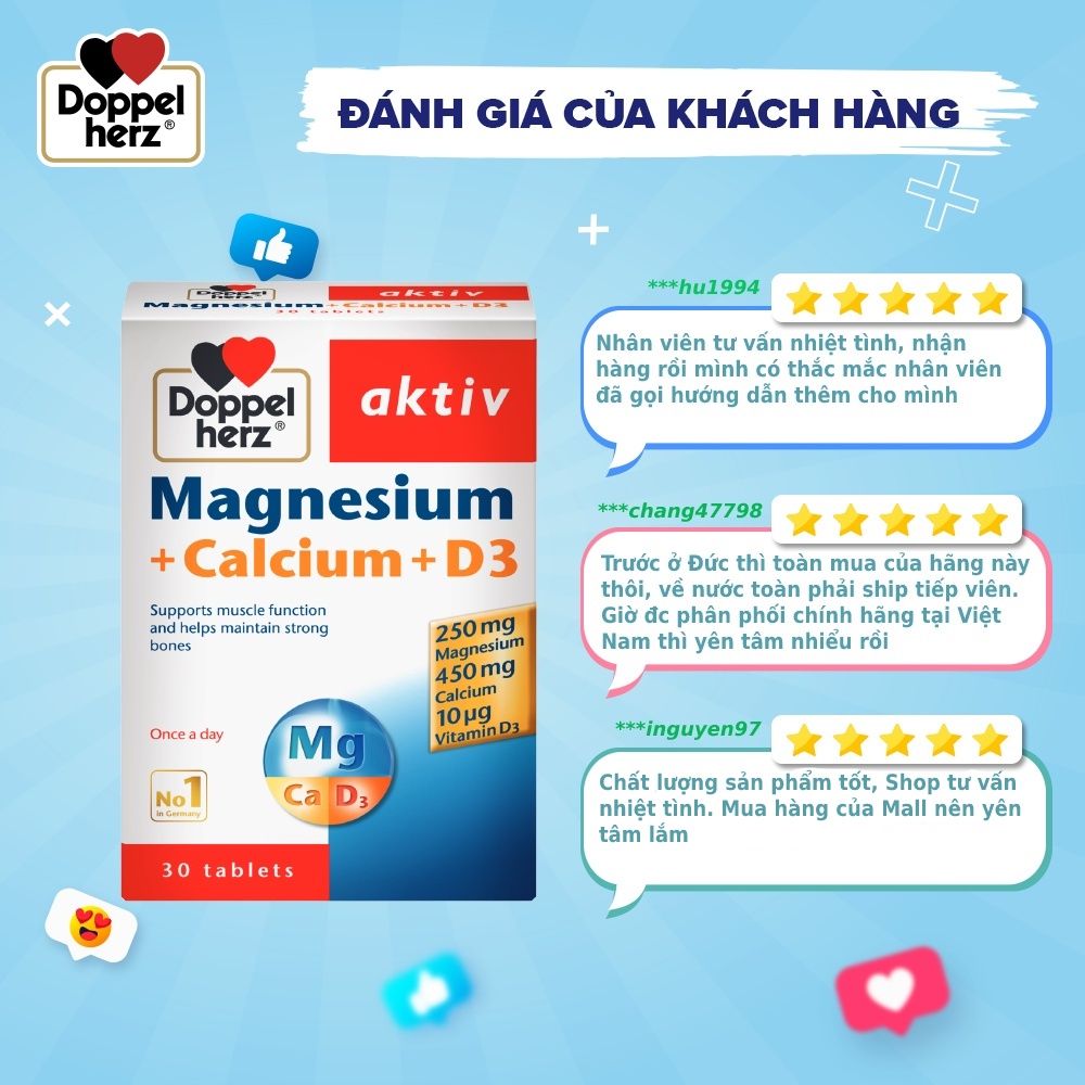  [TPCN Nhập Khẩu] Viên uống bổ sung Canxi phòng ngừa loãng xương Doppelherz Magnesium + Calcium + D3 (Hộp 30 viên) [DOPPELHERZ] 
