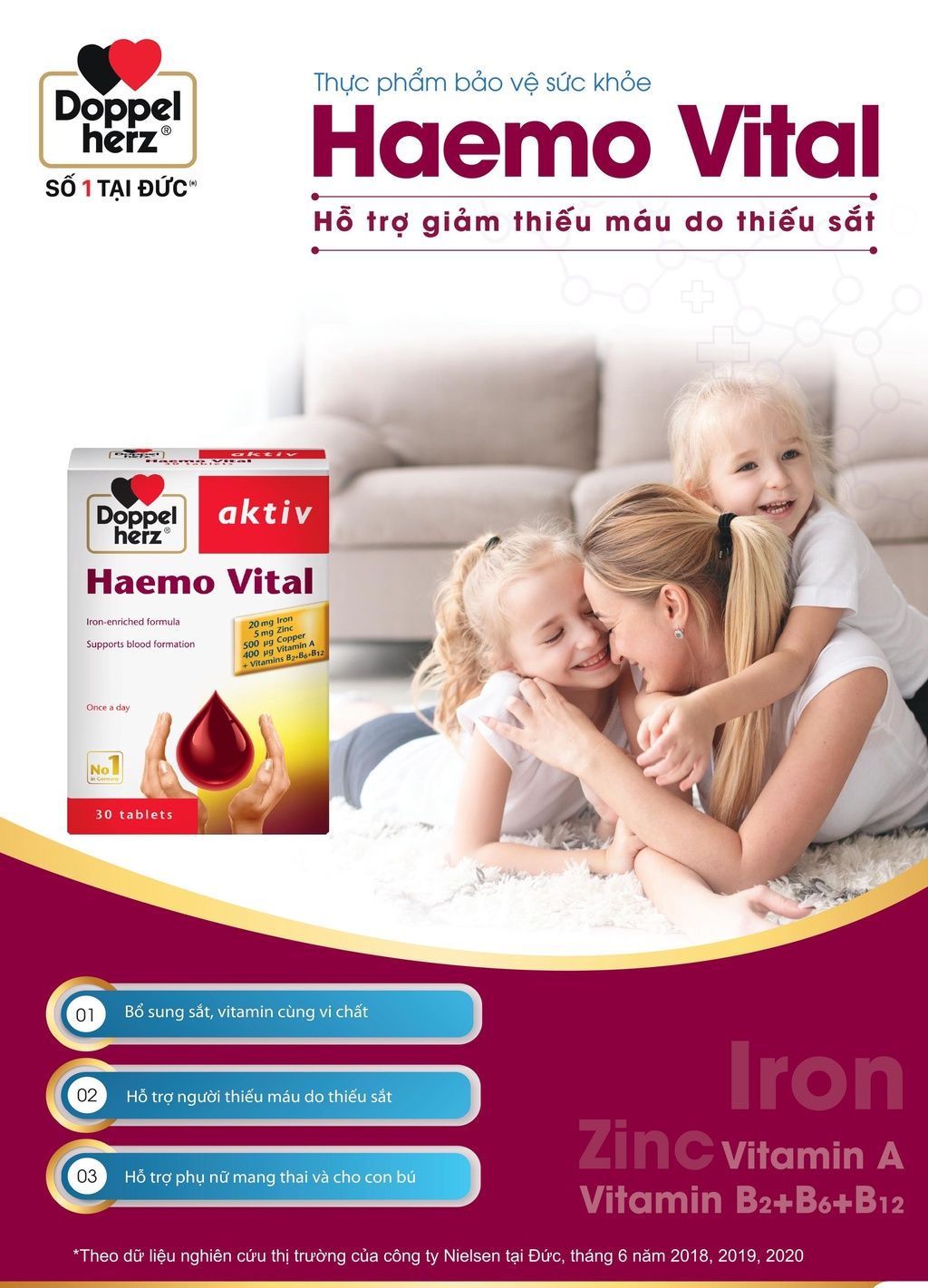  [TPCN Khập Khẩu] Viên uống bổ sung sắt và vitamin, ngừa thiếu máu DoppelHerz Aktiv Haemo Vital (Hộp 30 viên) [DOPPELHERZ] 