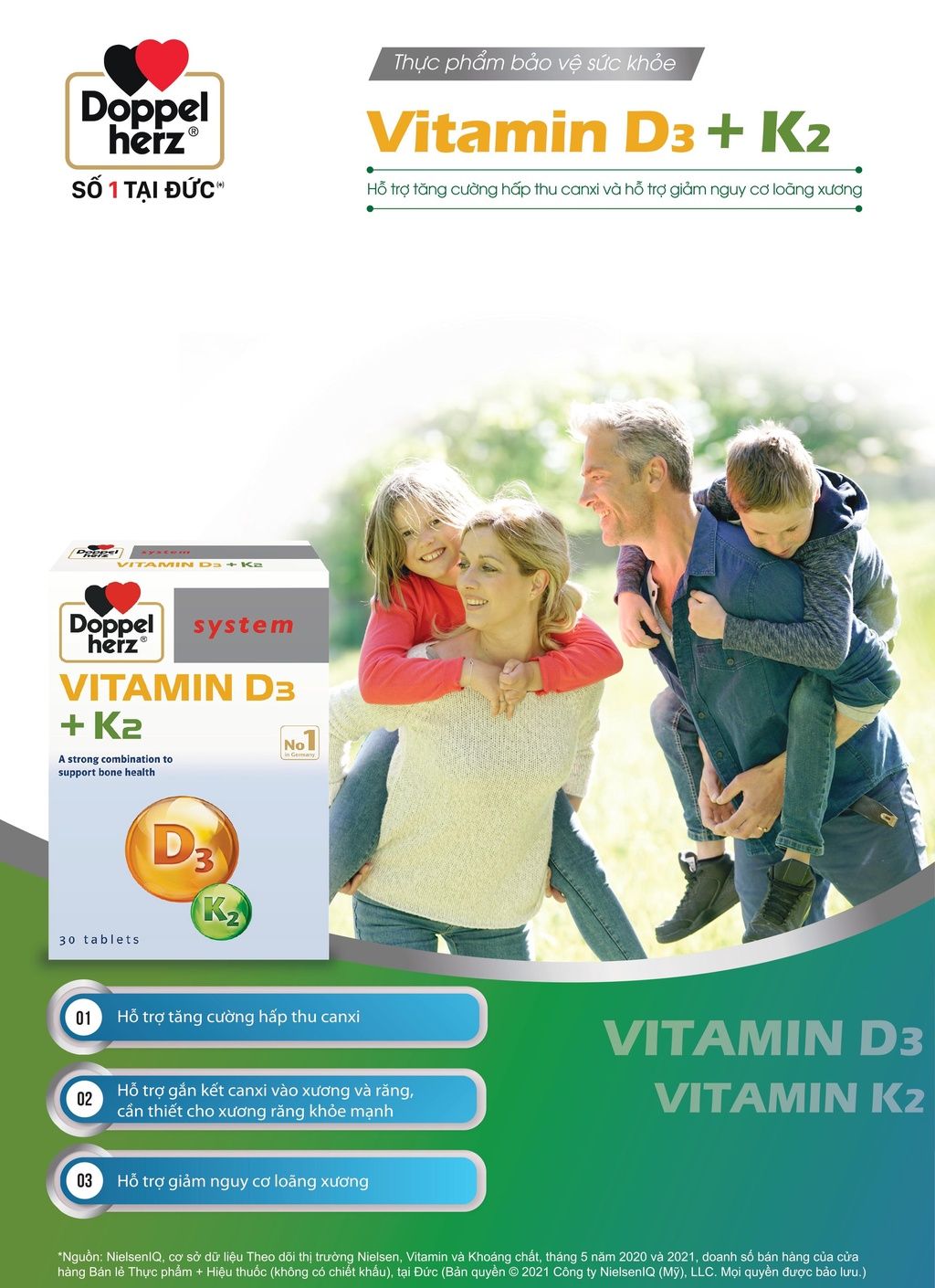  [TPCN Nhập Khẩu] Viên uống tăng cường hấp thu Canxi, giảm nguy cơ loãng xương Doppelherz Vitamin D3 + K2 (Hộp 30 viên) [DOPPELHERZ] 