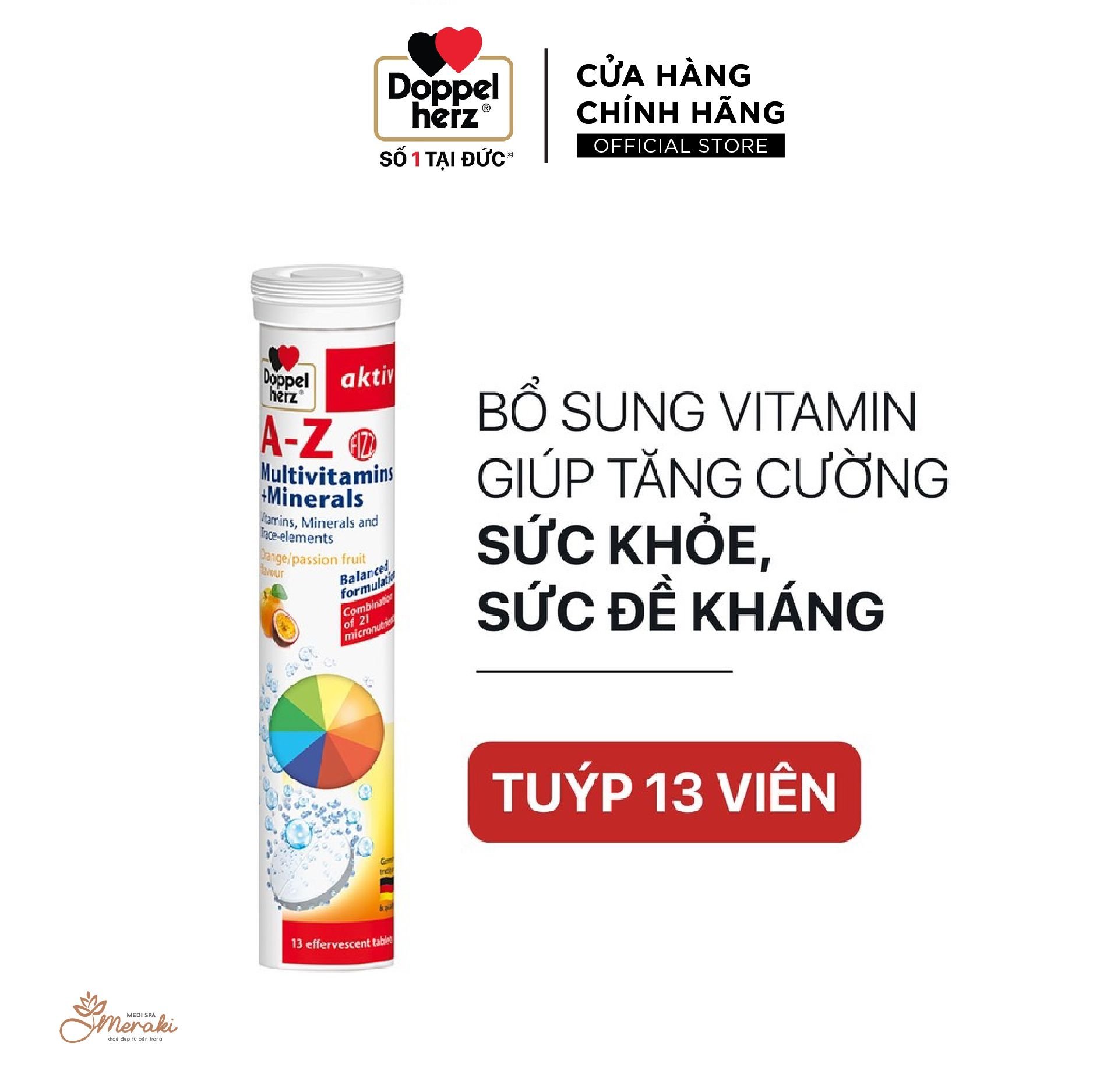  [TPCN Nhập Khẩu] Viên sủi bổ sung 21 Vitamin và khoáng chất Doppelherz A-Z Fizz Multivitamins and Minerals (Tuýp 13v) [DOPPELHERZ] 