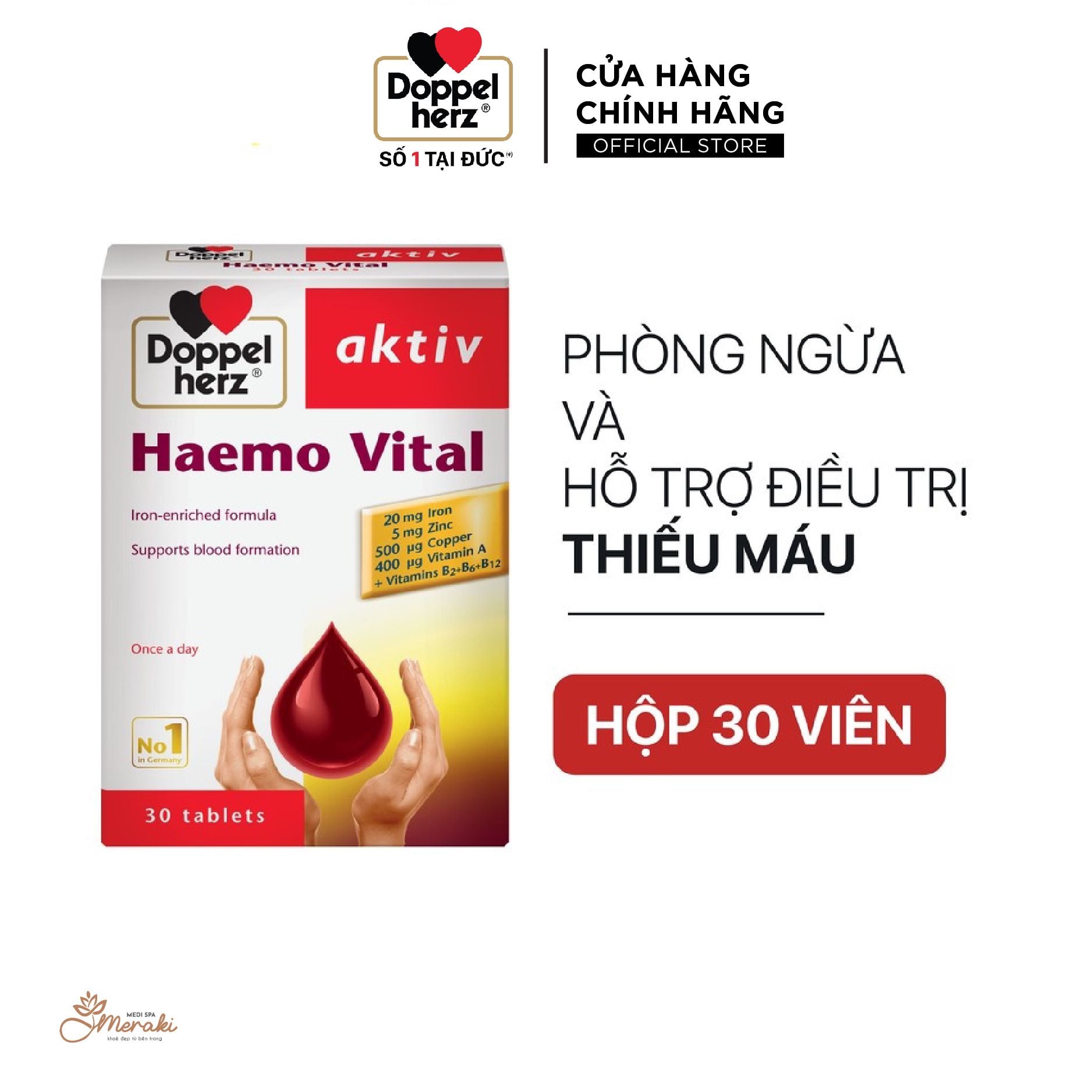  [TPCN Khập Khẩu] Viên uống bổ sung sắt và vitamin, ngừa thiếu máu DoppelHerz Aktiv Haemo Vital (Hộp 30 viên) [DOPPELHERZ] 