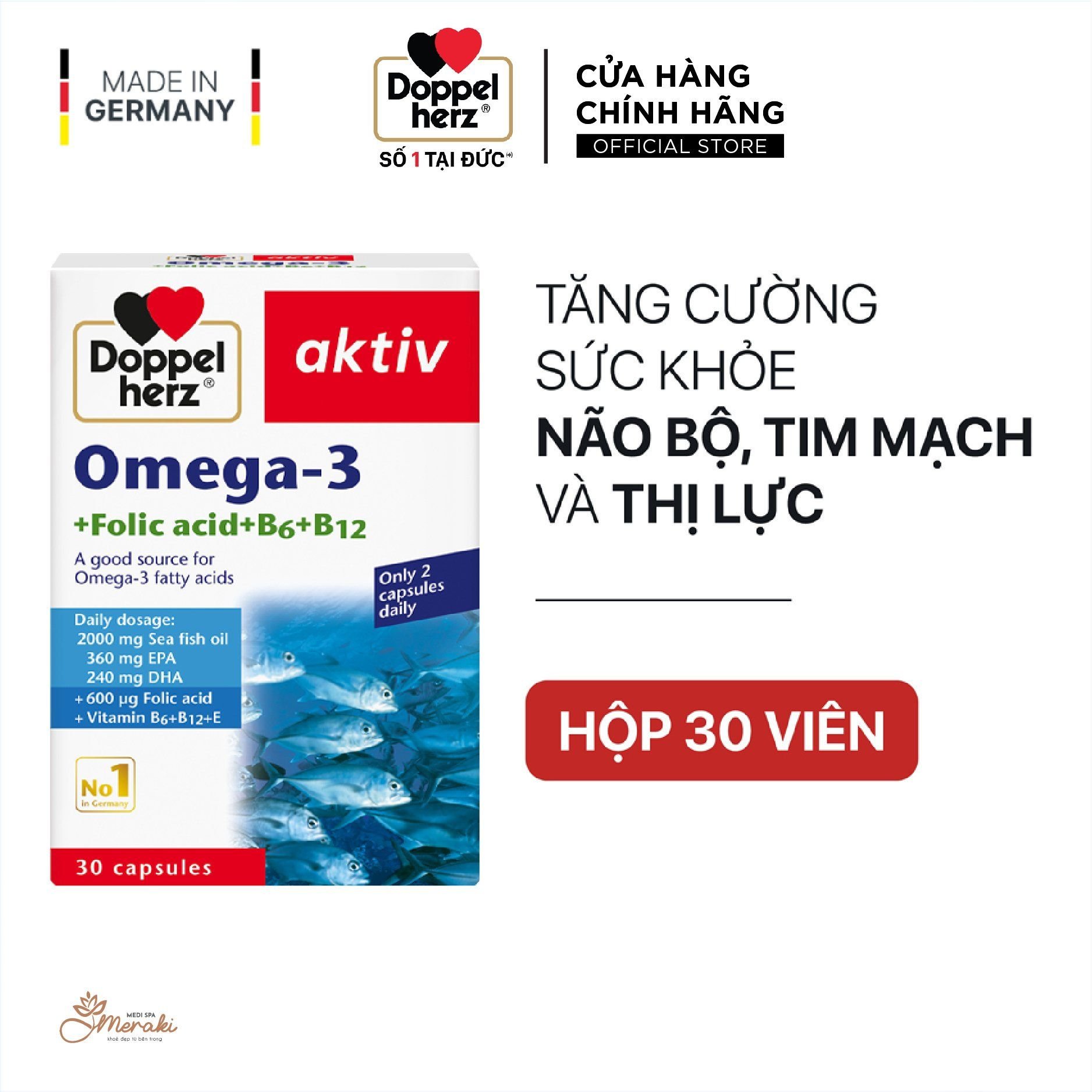  Viên uống dầu cá tăng cường thị lực, tim mạch, não bộ Doppelherz Omega 3 + Folic acid + B6 + B12 (Hộp 30v) [DOPPELHERZ] 