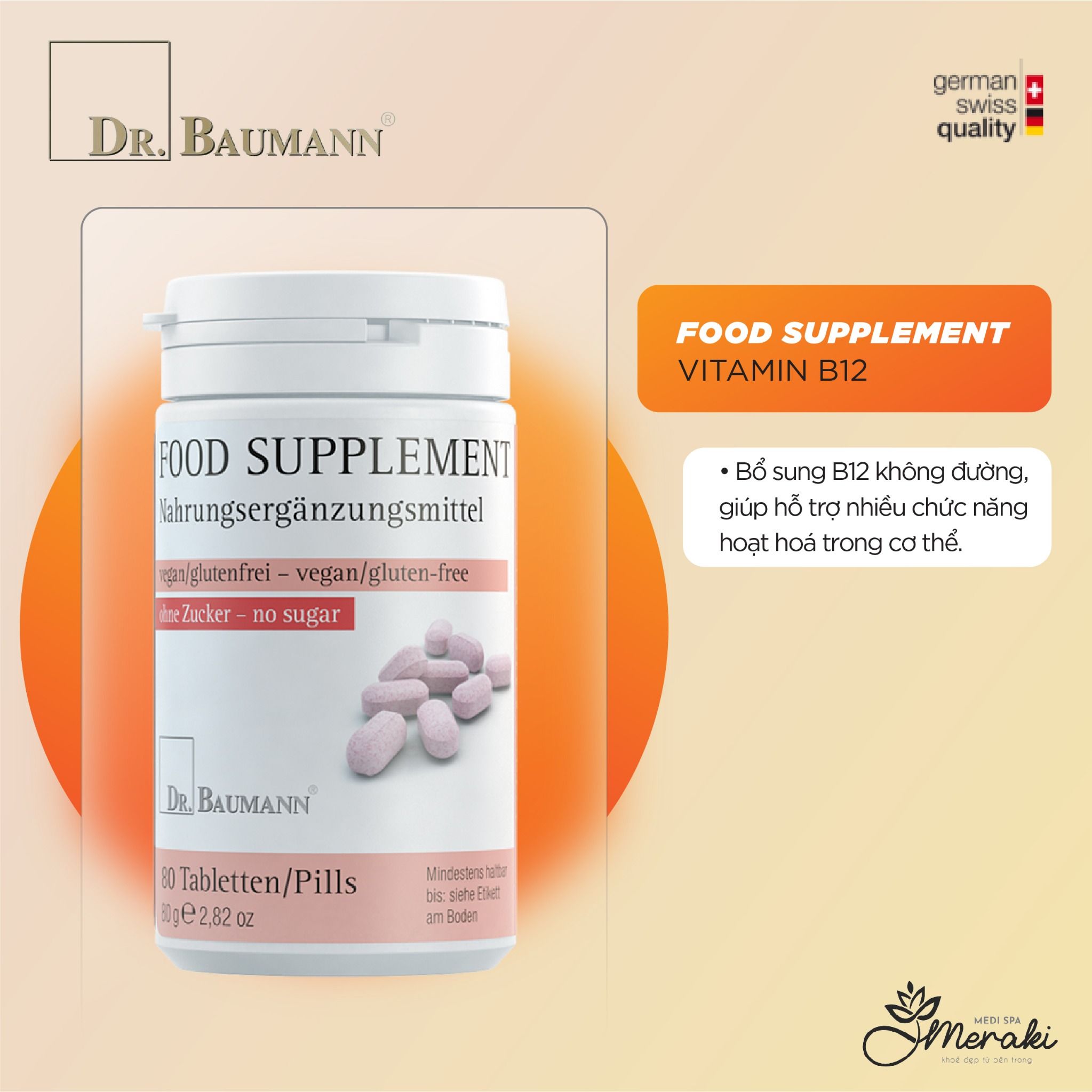  Viên Uống Bổ Sung B12 Không Đường FOOD SUPPLEMENT VITAMIN B12 80 Viên [DR.BAUMANN] 