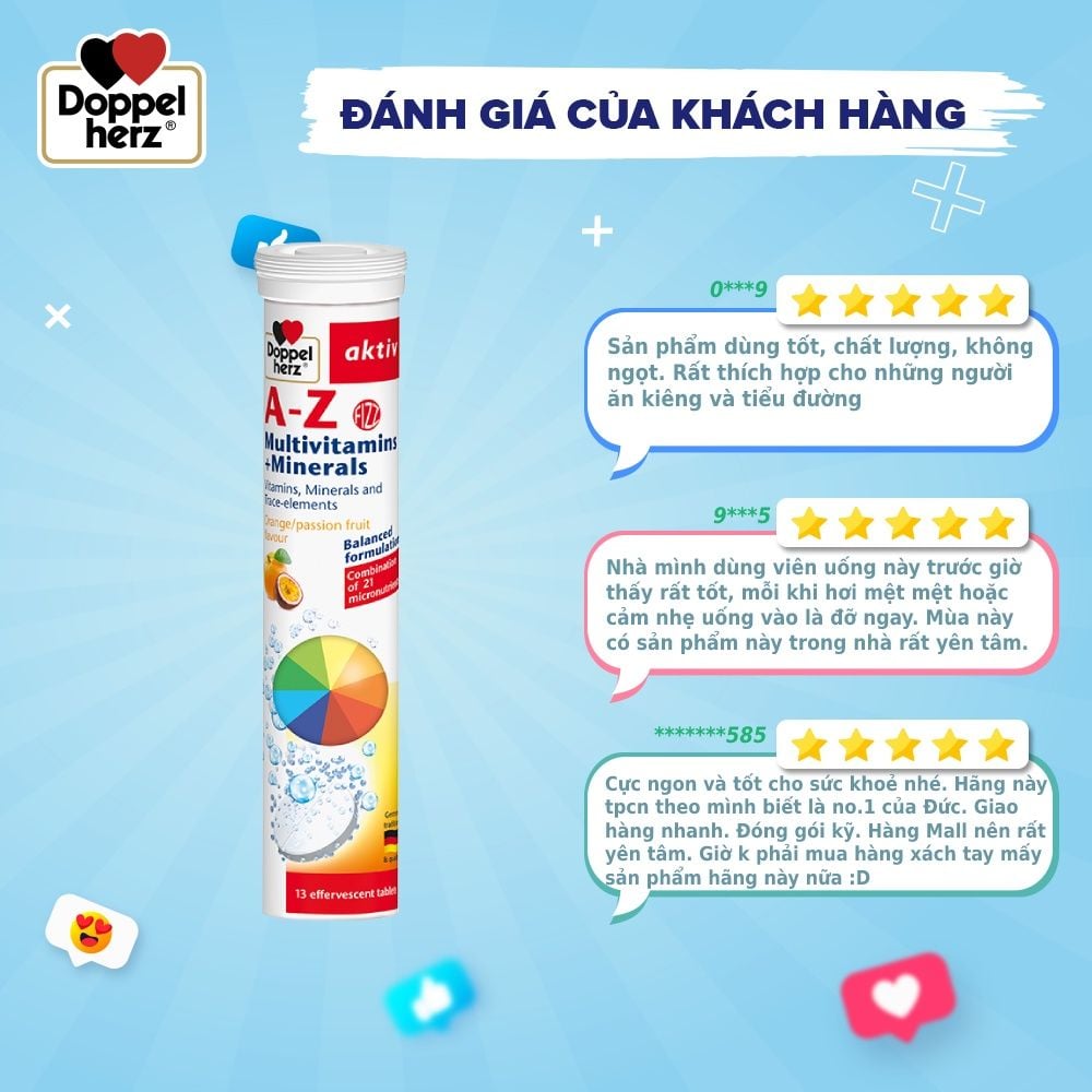  [TPCN Nhập Khẩu] Viên sủi bổ sung 21 Vitamin và khoáng chất Doppelherz A-Z Fizz Multivitamins and Minerals (Tuýp 13v) [DOPPELHERZ] 