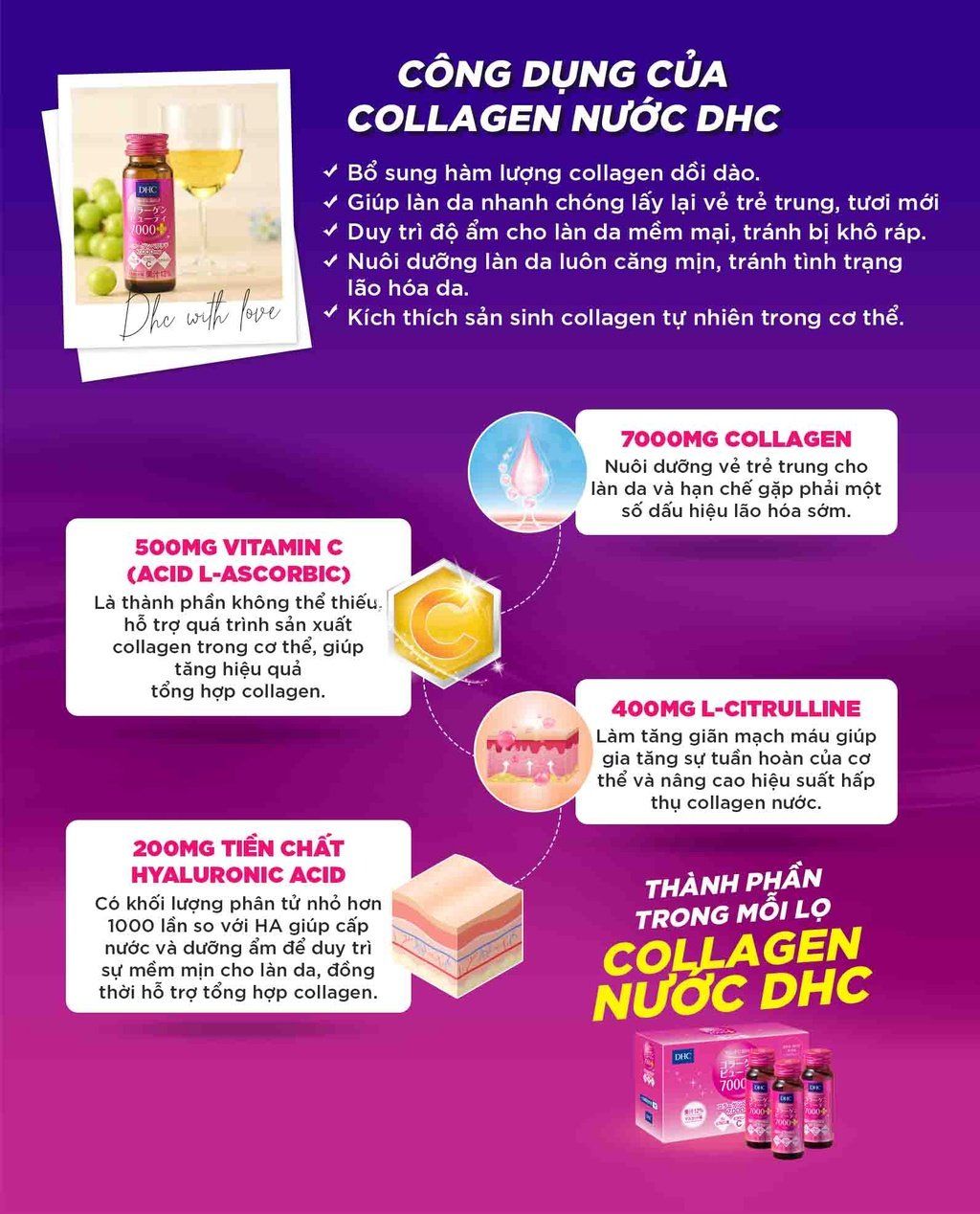  Nước uống Collagen DHC Nhật Bản hàm lượng 7000mg/lọ nuôi da căng mọng, ngăn ngừa thâm nám 10 lọ (1 hộp) [DHC] 