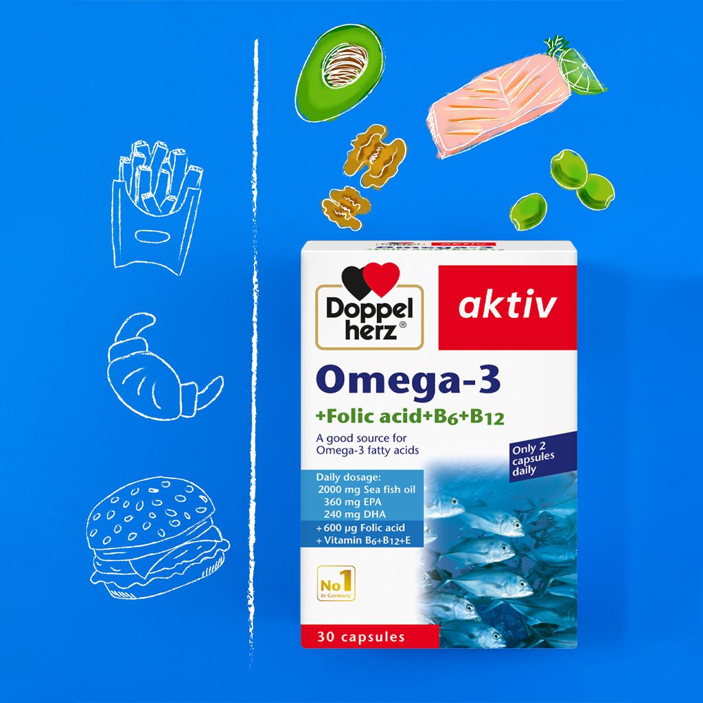  Viên uống dầu cá tăng cường thị lực, tim mạch, não bộ Doppelherz Omega 3 + Folic acid + B6 + B12 (Hộp 30v) [DOPPELHERZ] 
