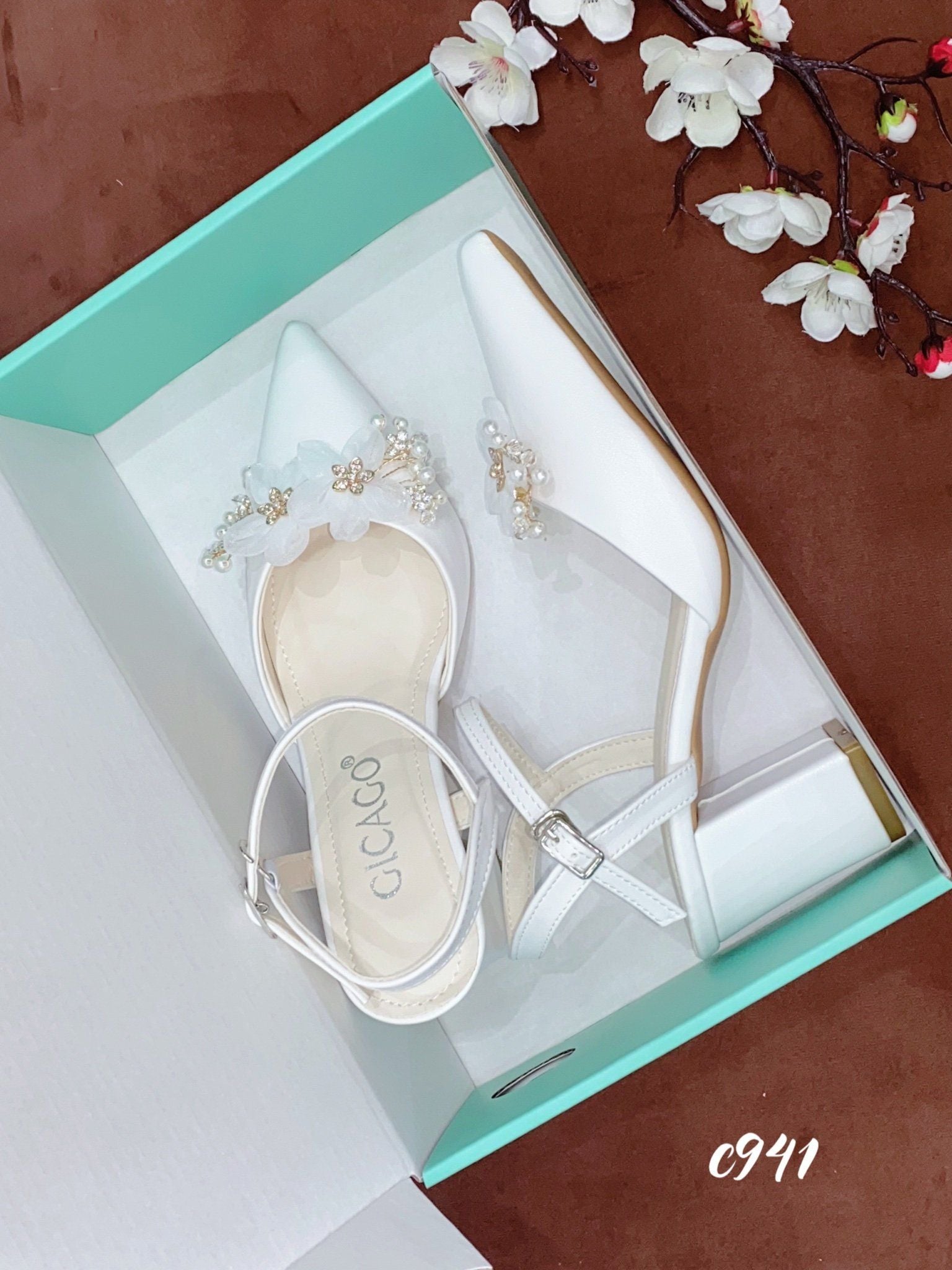 Cao gót vuông hở gót 2 HOA WD C941