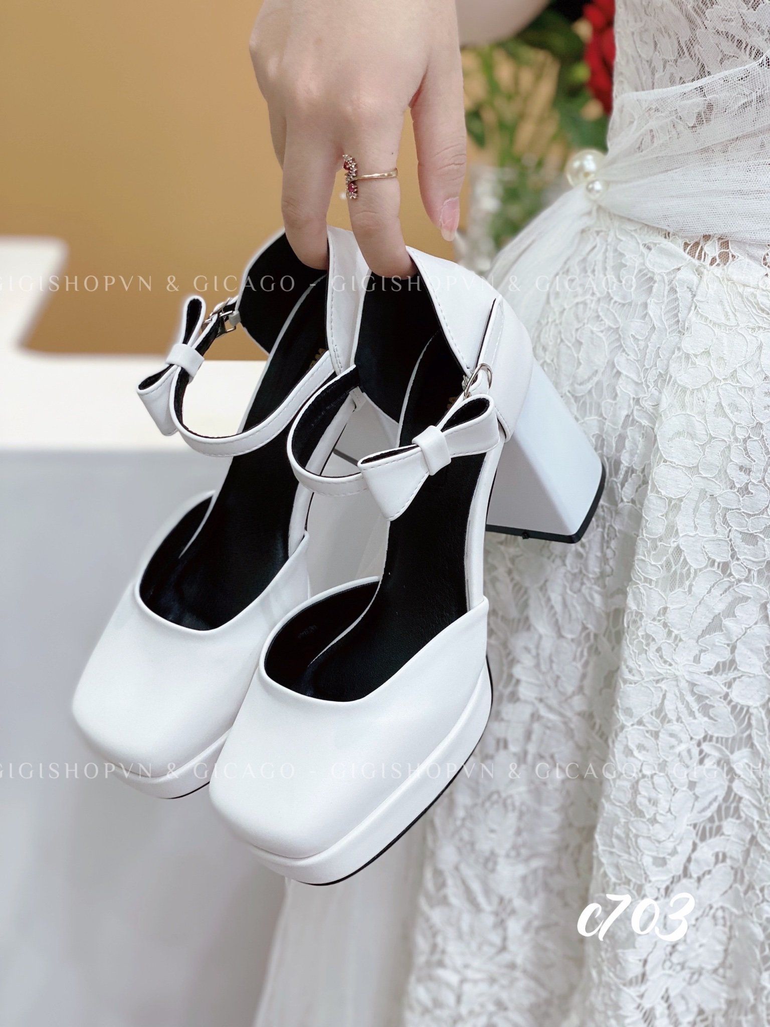 Cao gót vuông mũi tròn Nơ Mary WD C703