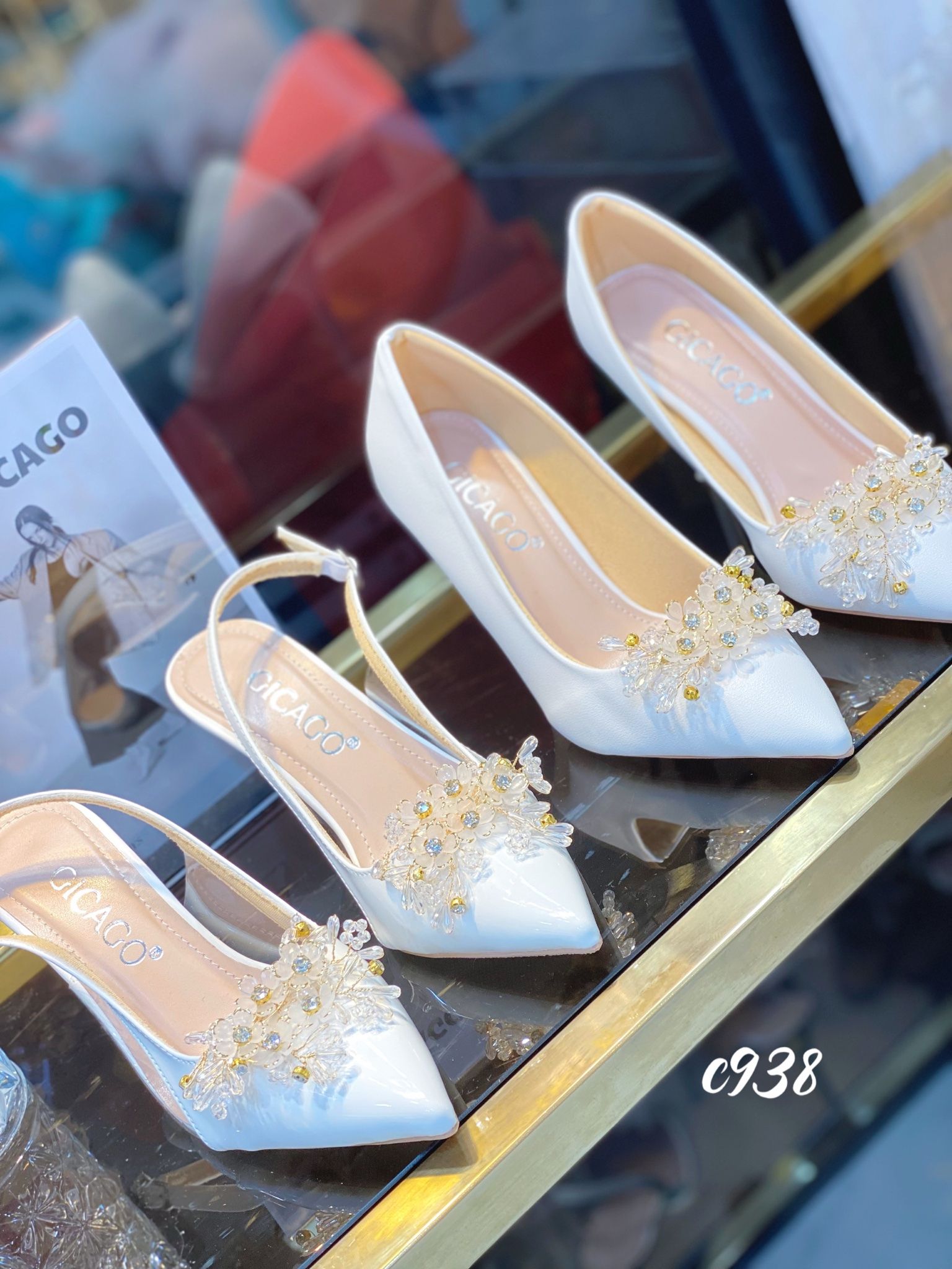 Giày cao gót nhọn hở gót HOA WD pha lê C938