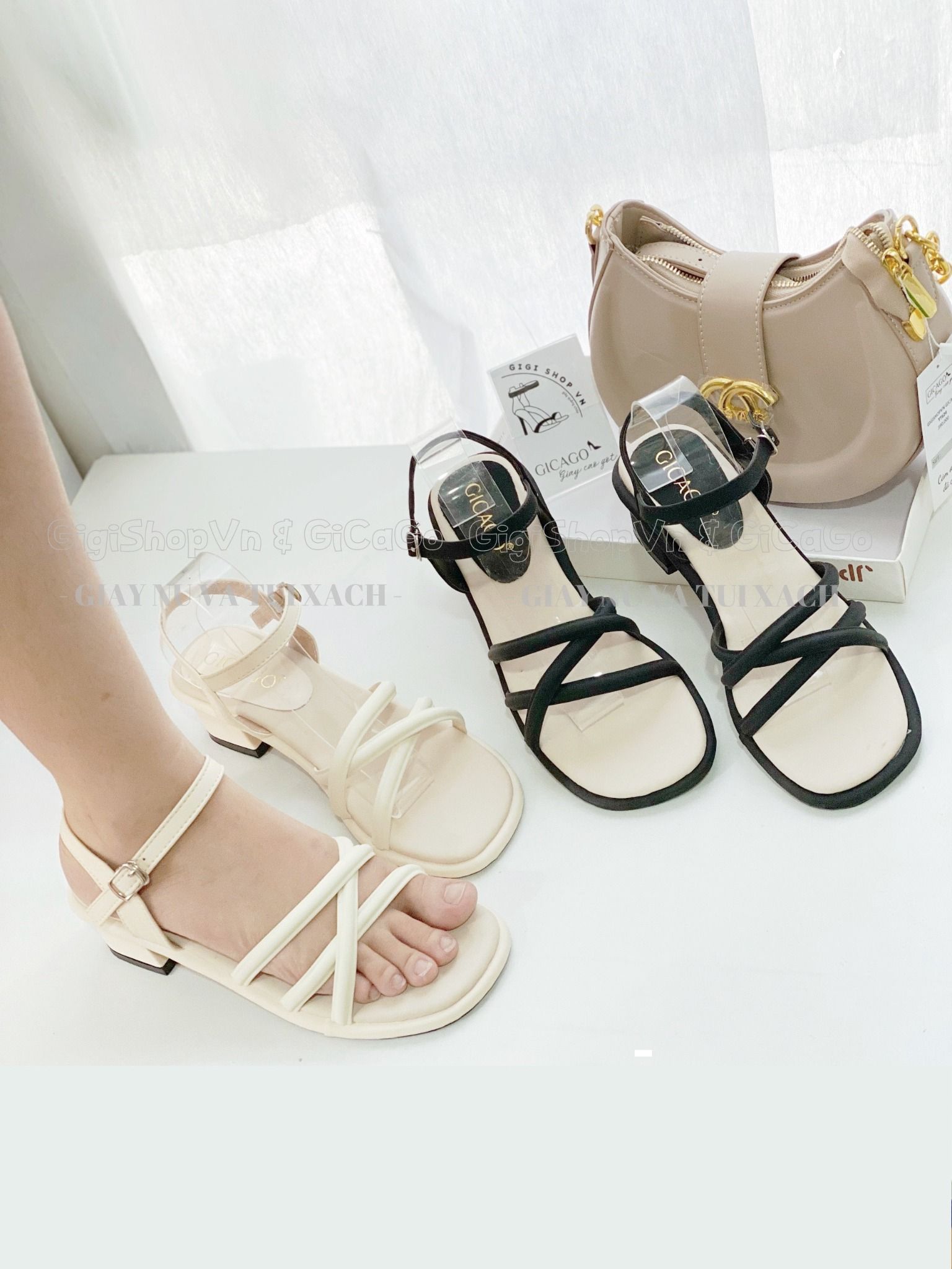 Sandal gót vuông dây chéo S849