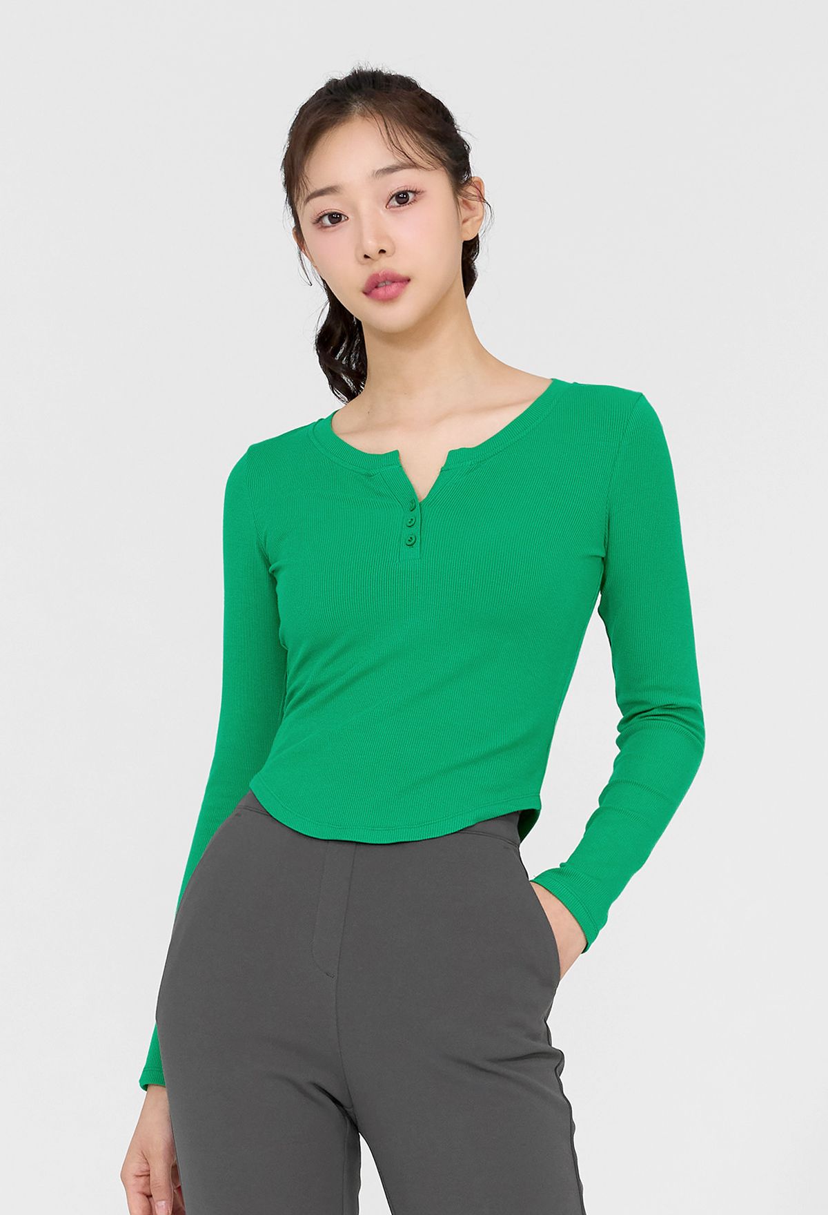  XTFLT06H3 _ Soft ribbed button long sleeve Green Forest 