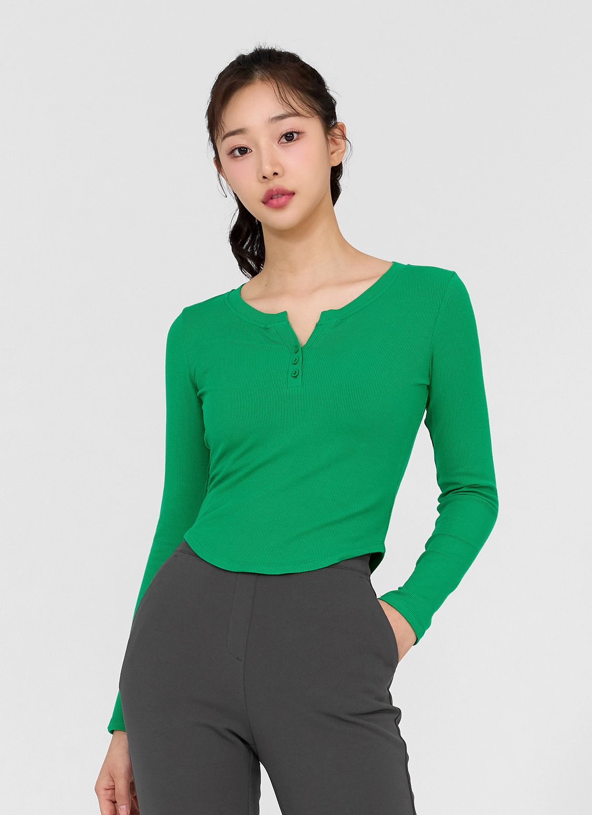  XTFLT06H3 _ Soft ribbed button long sleeve Green Forest 