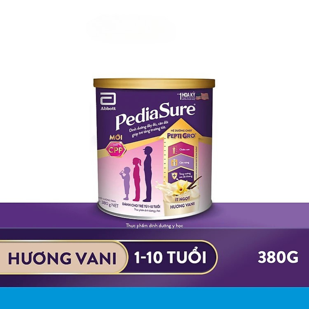 Sữa bột Pediasure 380g hương vani ít ngọt cho trẻ biếng ăn từ 1 đến 10 tuổi