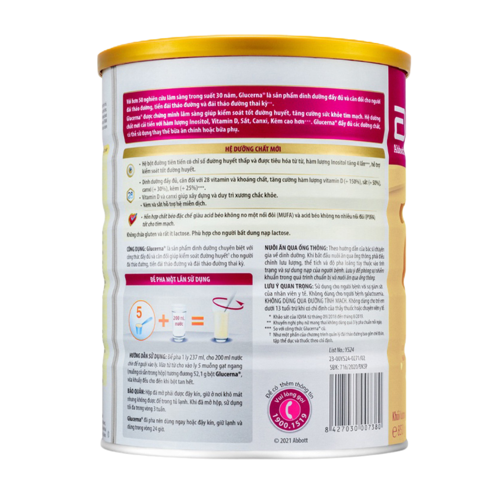 Sữa bột dành cho người bị tiểu đường Glucerna Abbott 800g Hương Lúa mạch