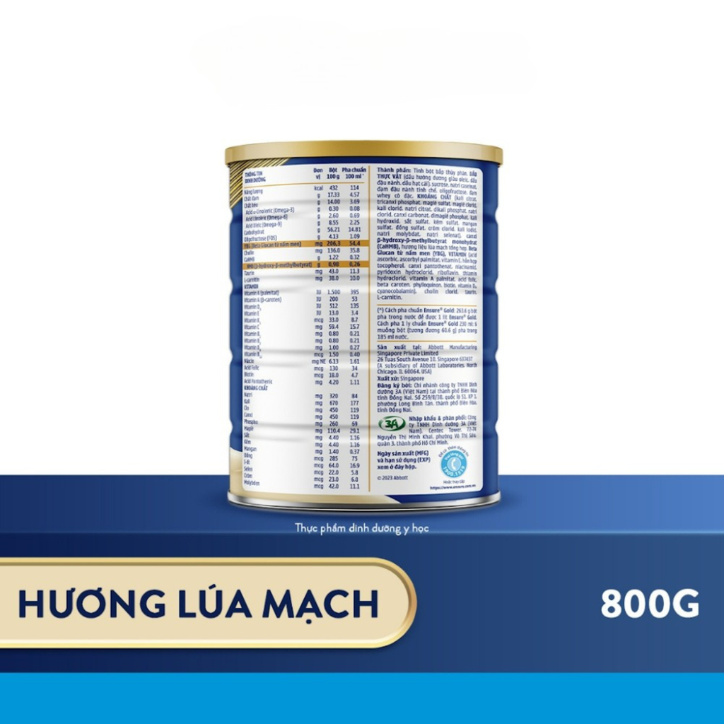 Sữa bột Ensure Gold Lúa Mạch (hương lúa mạch) (HMB) 800g