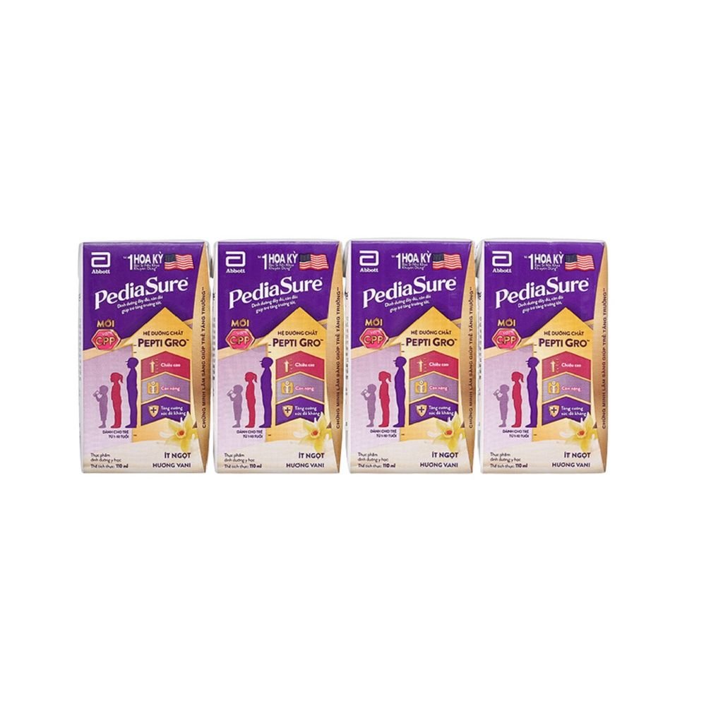Lốc 4 hộp sữa nước (110ml) Pediasure hương vani ít ngọt  cho trẻ 1-10 tuổi