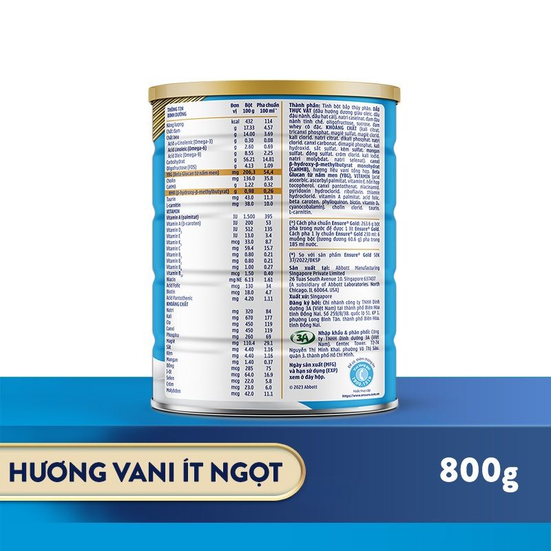 Sữa bột Ensure Gold Abbott hương vani ít ngọt (HMB) 800g