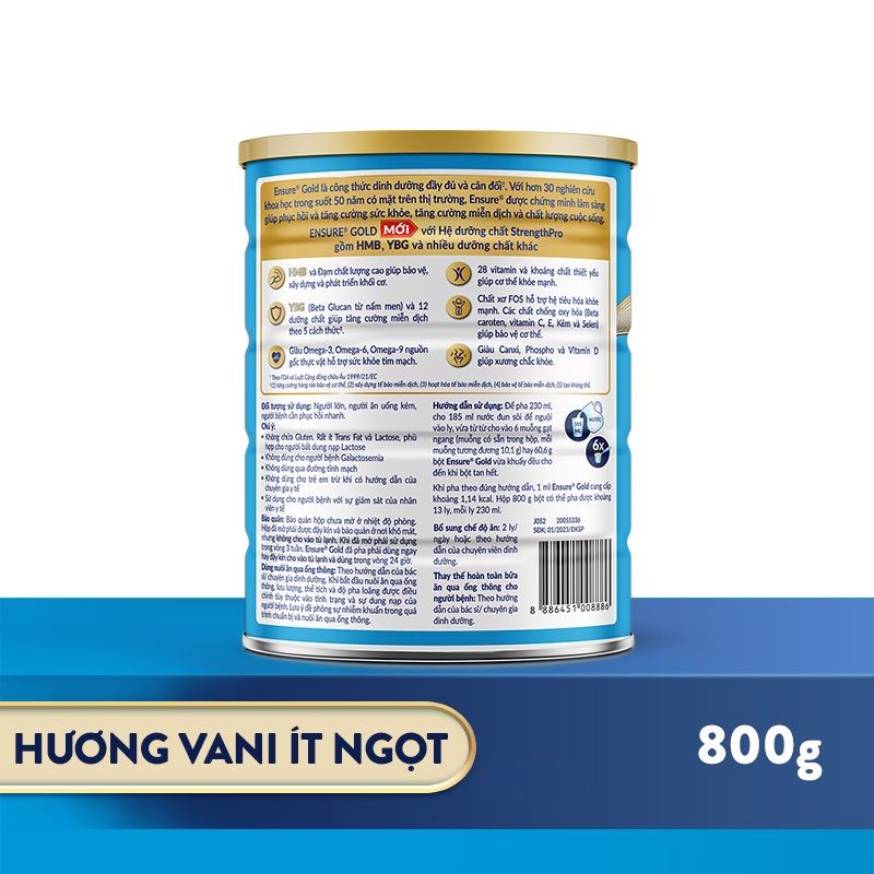 Sữa bột Ensure Gold Abbott hương vani ít ngọt (HMB) 800g