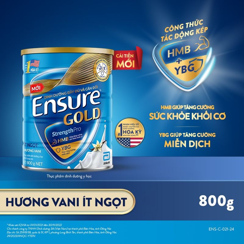 Sữa bột Ensure Gold Abbott hương vani ít ngọt (HMB) 800g