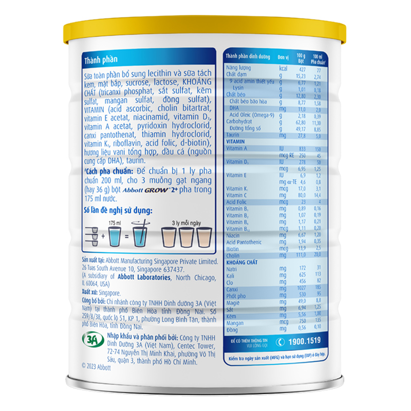 Sữa Bột Abbott Grow 2+ Lon 850g - Cho bé từ 2 tuổi trở lên.