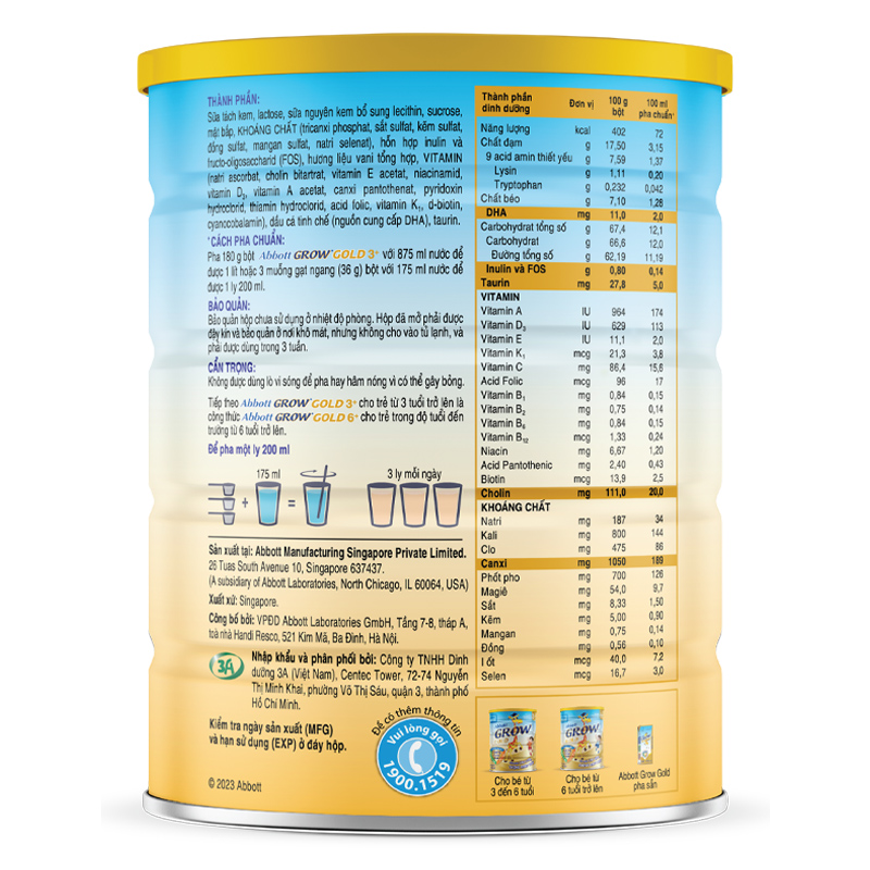 Sữa Bột Abbott Grow Gold 3+ 850g hương Vani (3-6 tuổi)