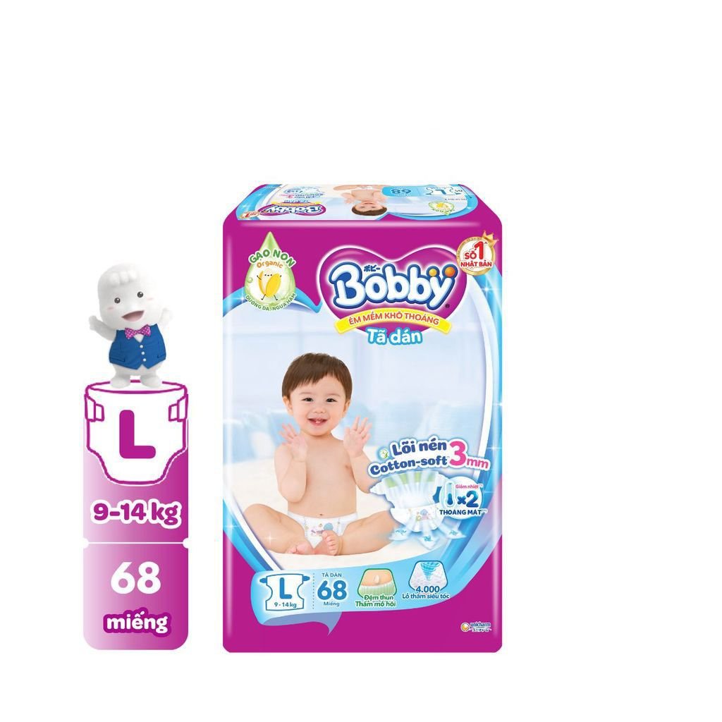 Bỉm tã dán Bobby siêu thấm size L, 68 miếng (9-13kg) (giao bao bì ngẫu nhiên)