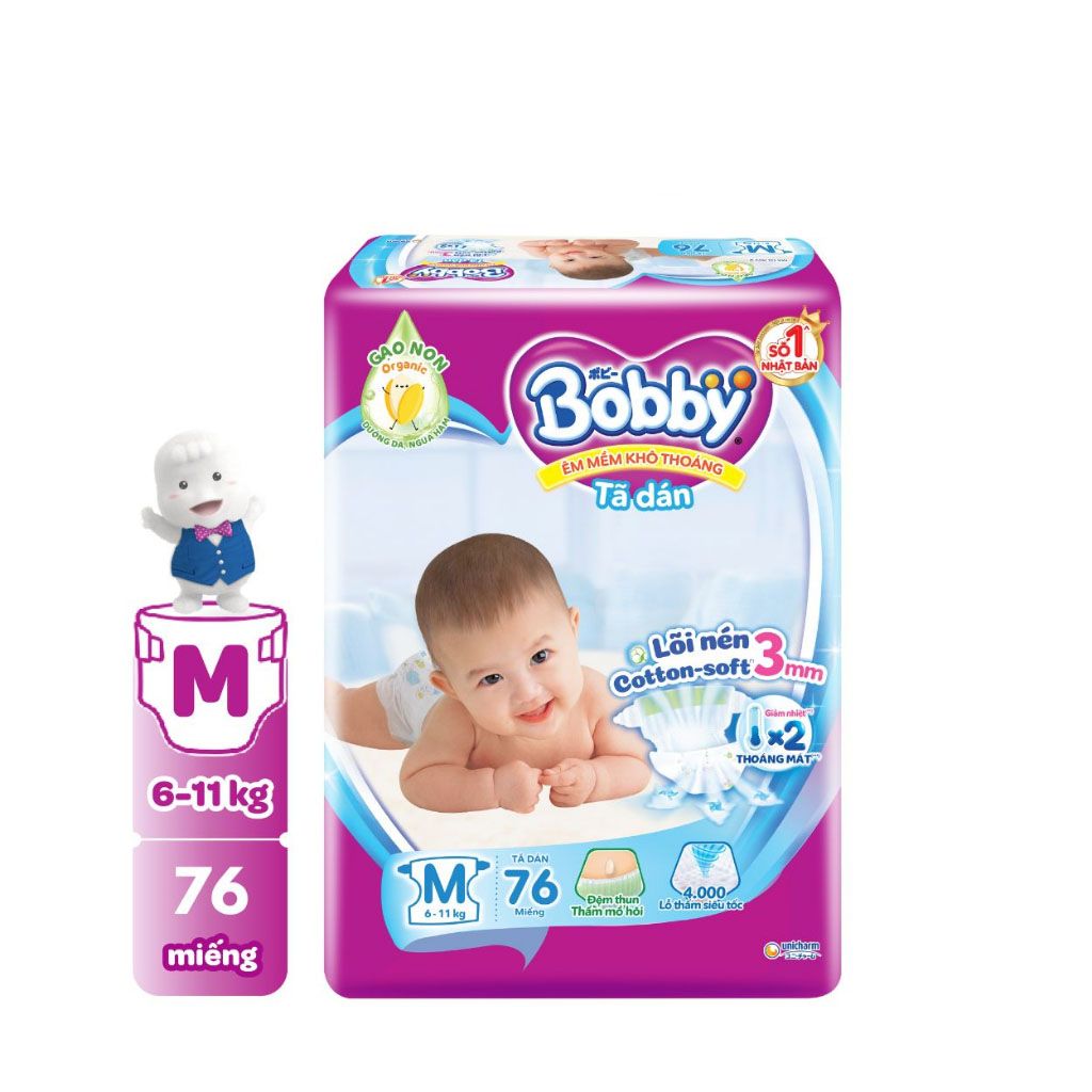 Bỉm tã dán Bobby siêu thấm size M 76 miếng (6-10kg) (giao bao bì ngẫu nhiên)