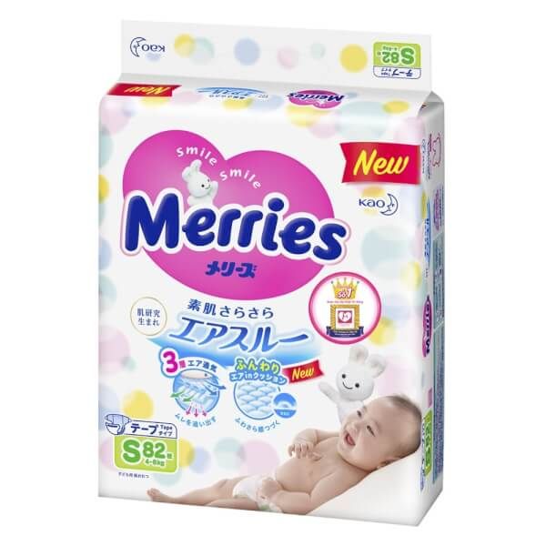 Bỉm tã dán Merries size S 82 miếng (4-8kg)