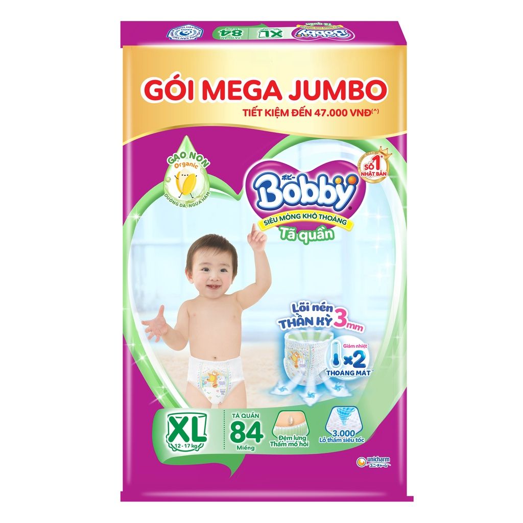 Tã quần Bobby Lõi nén thần kỳ 3mm Gạo non Mega Jumbo XL84