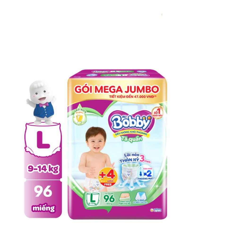 Tã/bỉm quần Bobby 3mm Mega Jumbo Gạo non Giảm nhiệt L96