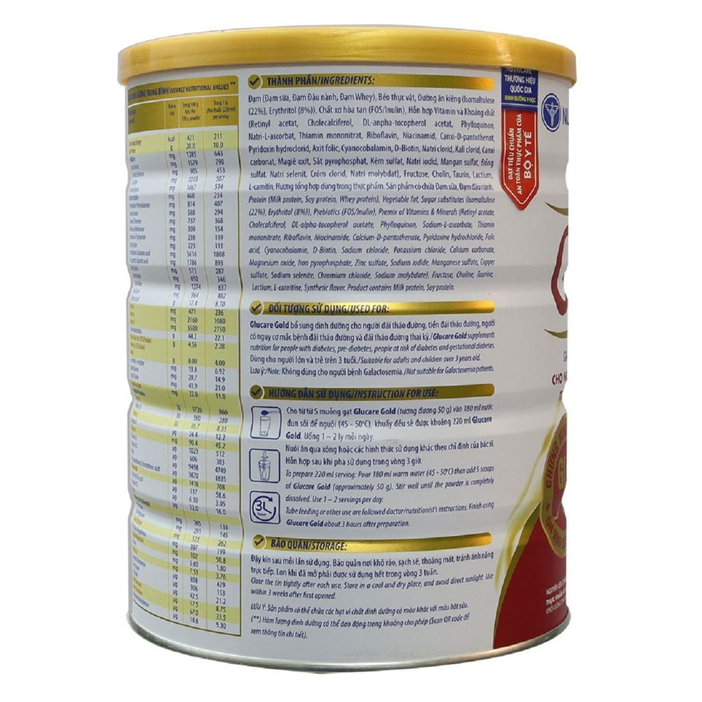 Sữa bột GLUCARE GOLD - 850gr - Nutricare ( giải pháp dinh dưỡng cho người đái tháo đường, tiền đái tháo đường)