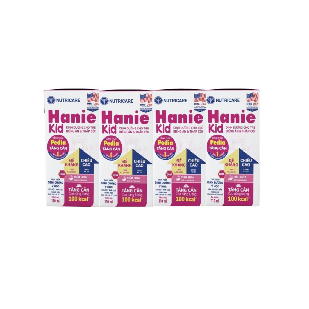 Lốc 4 hộp sữa pha sẵn 110ml Nutricare Hanie Kid - Cho trẻ từ 1 tuổi trở lên.