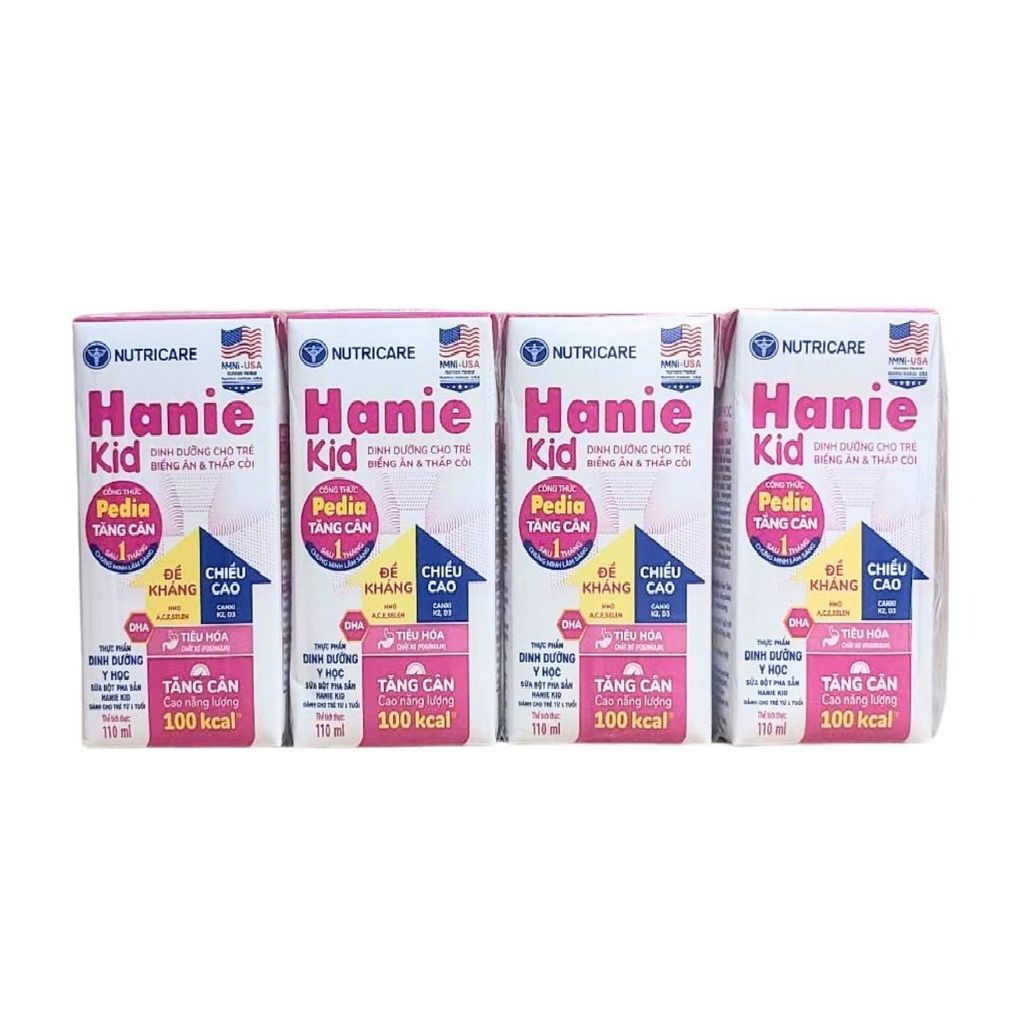 Lốc 4 hộp sữa pha sẵn 110ml Nutricare Hanie Kid - Cho trẻ từ 1 tuổi trở lên.