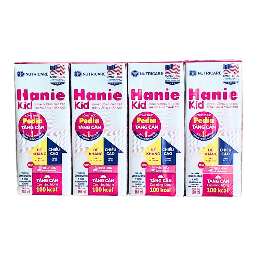 Lốc 4 hộp sữa pha sẵn 180ml Nutricare Hanie Kid - Cho trẻ từ 1 tuổi trở lên.