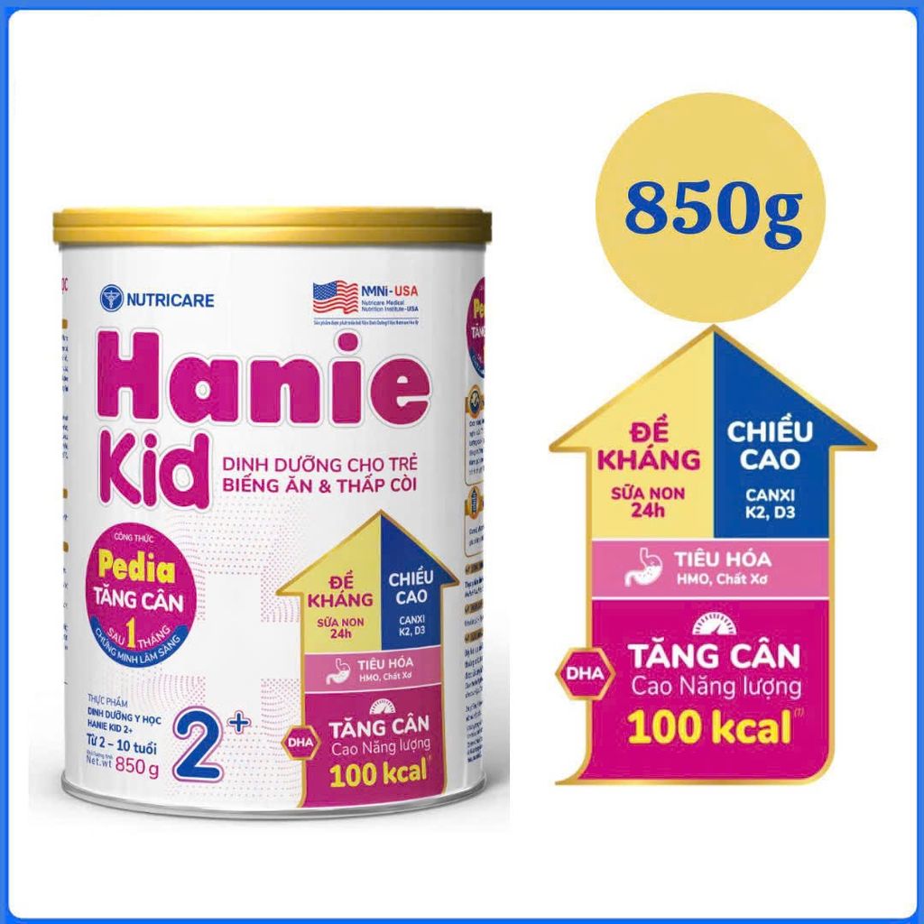 Sữa bột Nutricare Hanie Kid 2+  850g - Cho bé từ 2 đến 10 tuổi.
