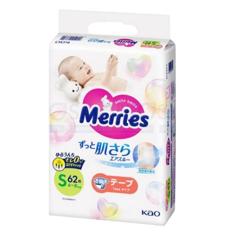 Bỉm tã dán Merries size S62 + 4 miếng (4-8kg)