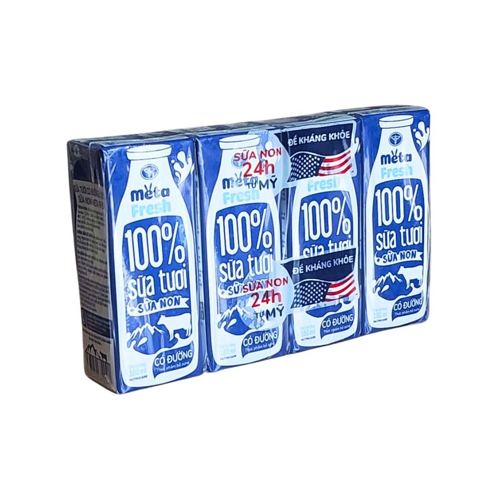 Lốc 4 hộp sữa tươi bổ sung sữa non 180ml Meta Fresh có đường - Thùng 48 hộp.