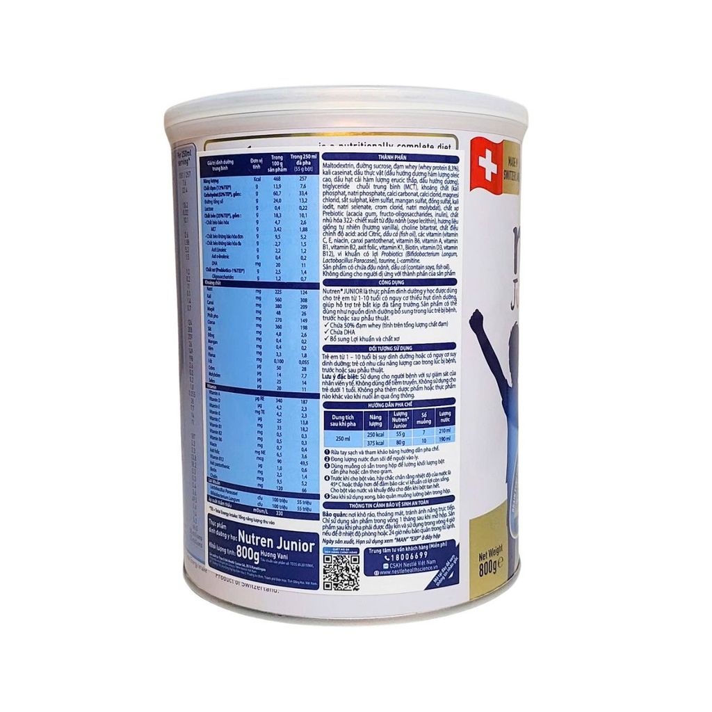 Sữa bột Nutren Junior  800g Thụy Sĩ hỗ trợ tăng cân tiêu hóa tốt cho trẻ từ 1 đến 10 tuổi