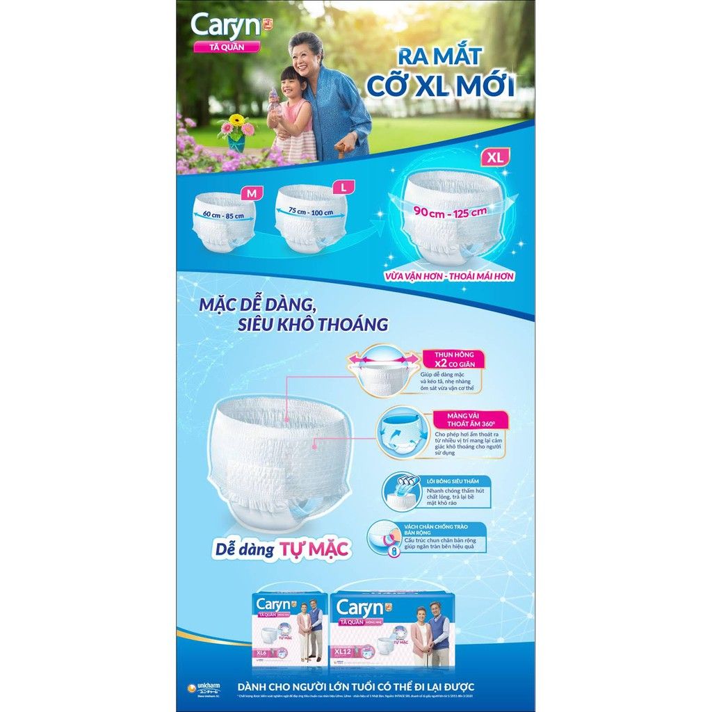 Tã/Bỉm Quần Người Lớn Caryn Mỏng Nhẹ Chống Tràn Size XL 12 Miếng Dành Cho Người Già Có Thể Tự Đi Lại Được