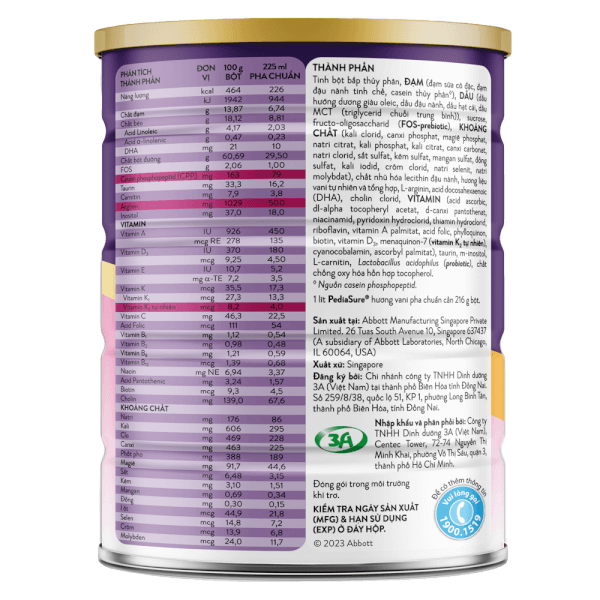 Sữa Pediasure 800g vani ít ngọt cho bé từ 1 đến 10 tuổi