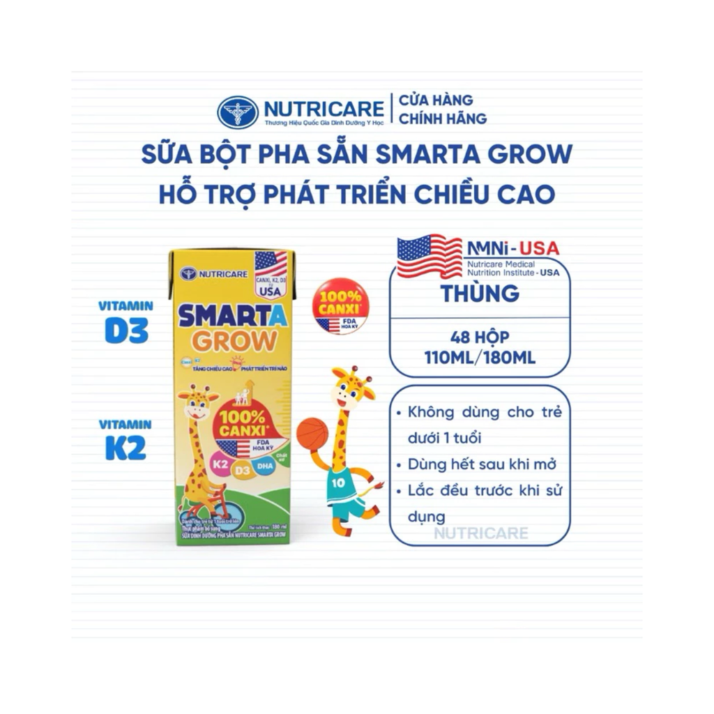 Thùng 48 hộp sữa pha sẵn 110ml Nutricare Smarta Grow - Cho trẻ từ 1 tuổi trở lên