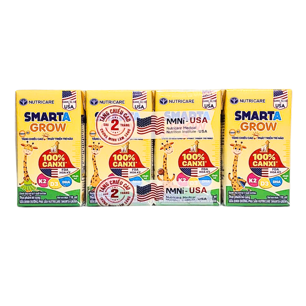 Lốc 4 hộp sữa pha sẵn 110ml Nutricare Smarta Grow - Cho trẻ từ 1 tuổi trở lên.