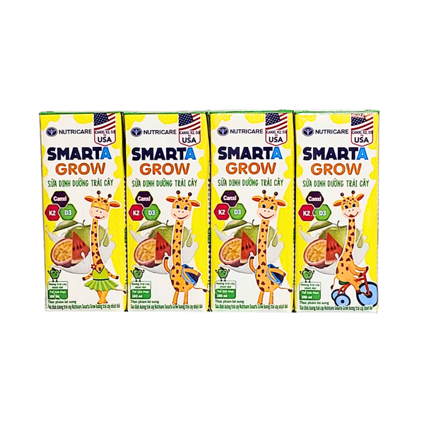 Lốc 4 hộp sữa pha sẵn 180ml Nutricare Smarta Grow-Sữa dinh dưỡng trái cây - Cho trẻ từ 1 tuổi trở lên.