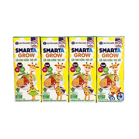 Lốc 4 hộp sữa pha sẵn 180ml Nutricare Smarta Grow-Sữa dinh dưỡng trái cây - Cho trẻ từ 1 tuổi trở lên.