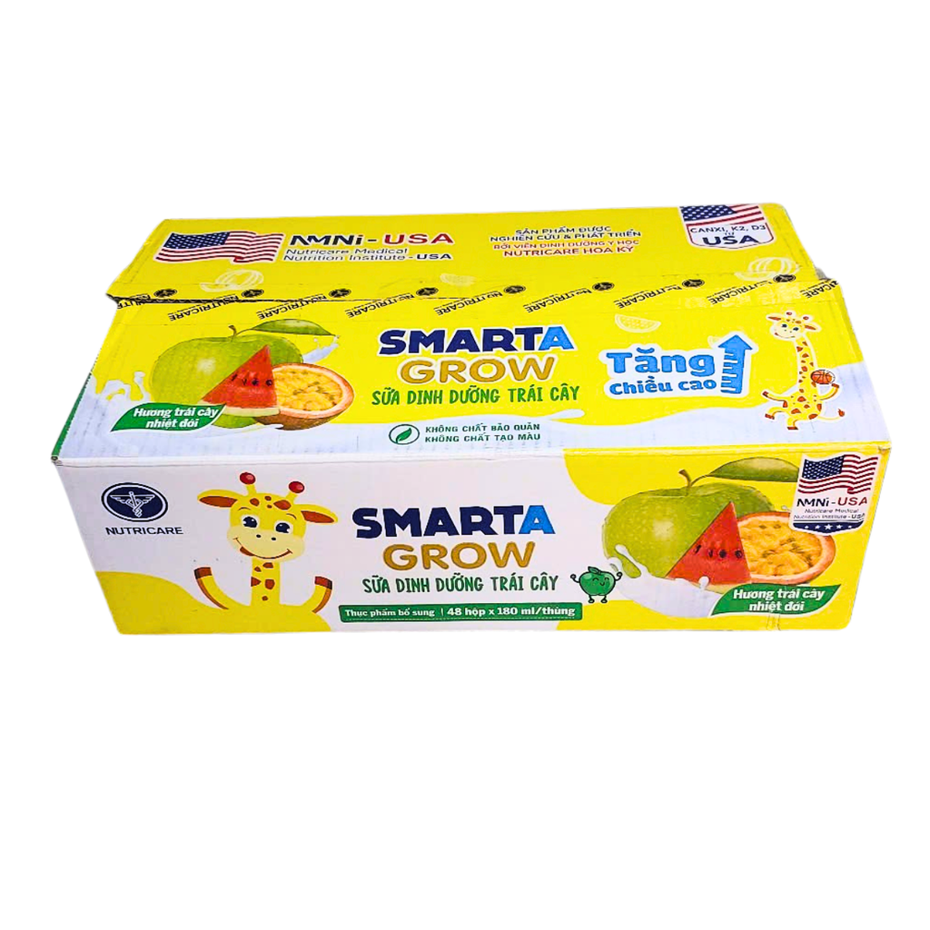 Thùng 48 hộp sữa pha sẵn 180ml Nutricare Smarta Grow-Sữa dinh dưỡng trái cây - Cho trẻ từ 1 tuổi trở lên.