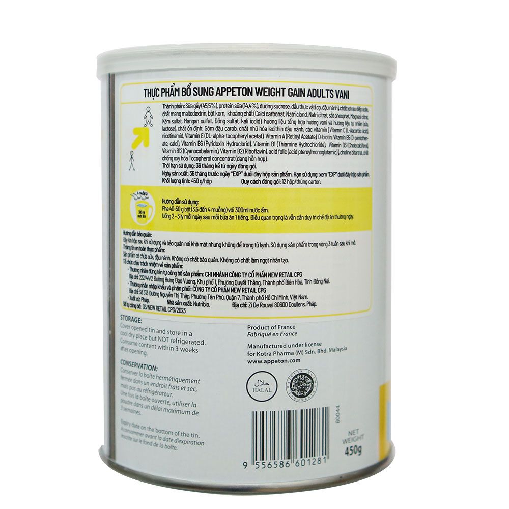 Sữa bột Appeton Weight Gain – Vị vani – Lon 450g – Sữa cho người gầy