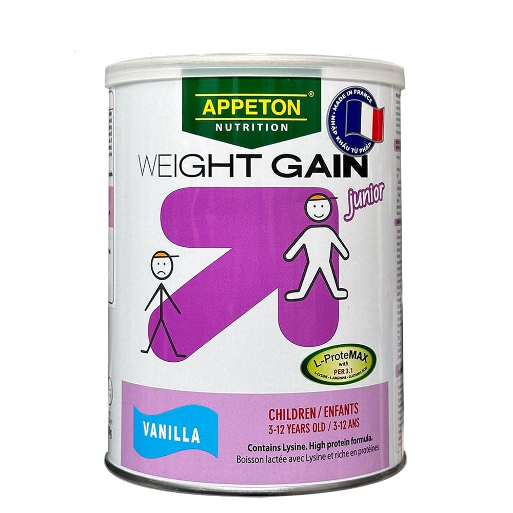 Sữa bột Appeton Weight Gain Junior – Lon 450g – Vị vani – Tăng cân cho trẻ từ 3 đến 12 tuổi