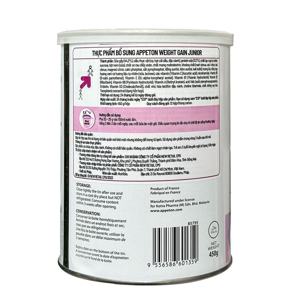 Sữa bột Appeton Weight Gain Junior Lon 450g Vị vani – Tăng cân cho trẻ từ 3 đến 12 tuổi