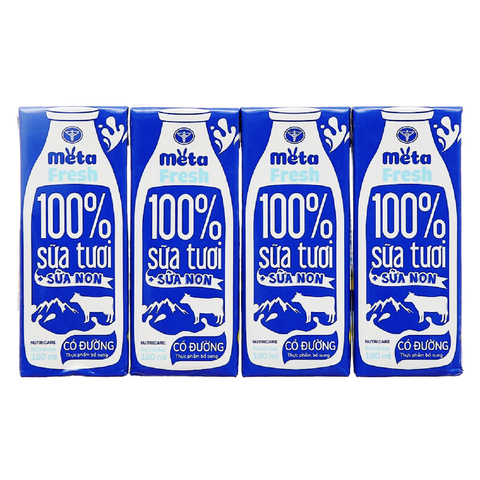 Lốc 4 hộp sữa tươi bổ sung sữa non 180ml Meta Fresh có đường - Thùng 48 hộp.